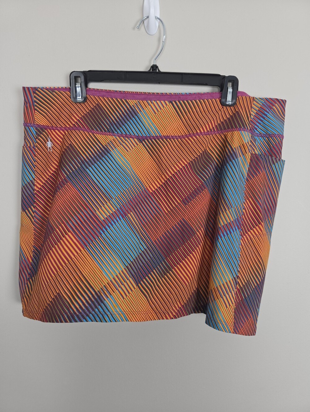 Smartwool Merino Sport Lined Skirt Skort Size L Large Orange Teal Plaid Hiking